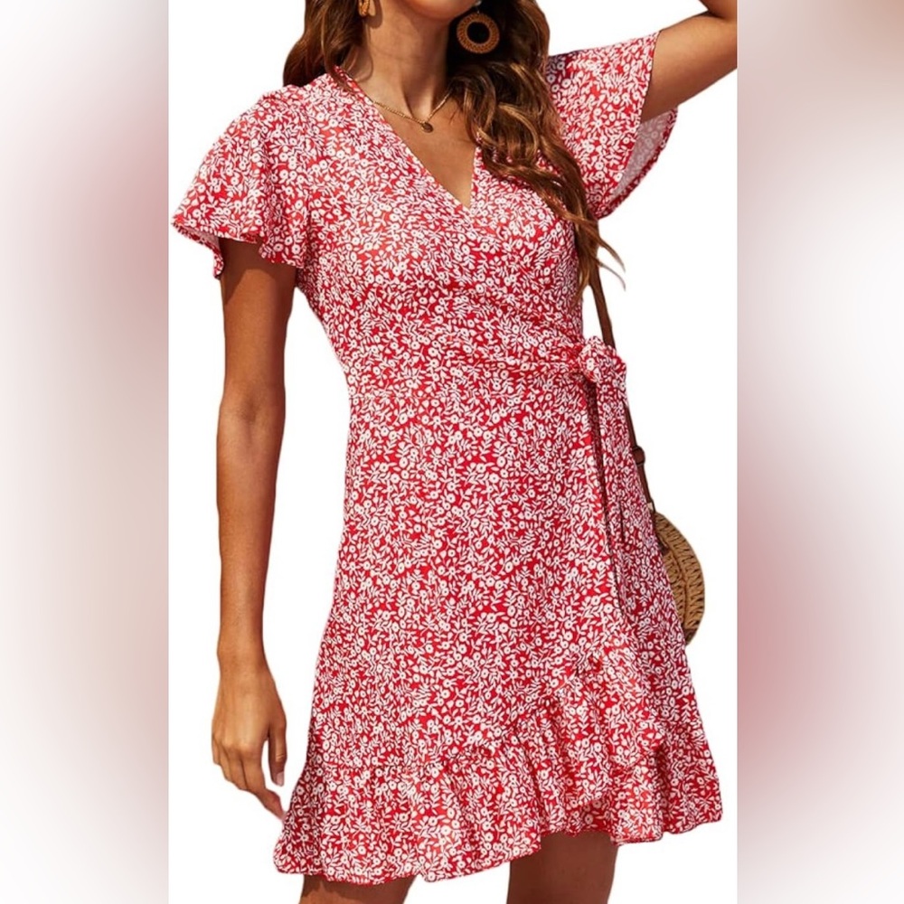Naggoo Red Ditsy Floral Wrap Ruffle sundress size small - Picture 14 of 14